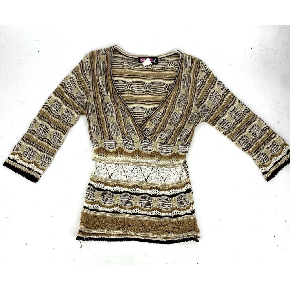Vintage 90s Say What USA Crochet Babydoll Sweater Tan Size Small Made USA Raven